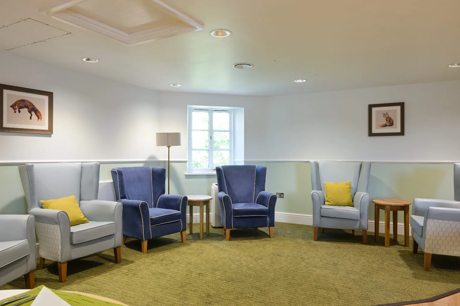 Lounge with blue and pale-grey armchairs