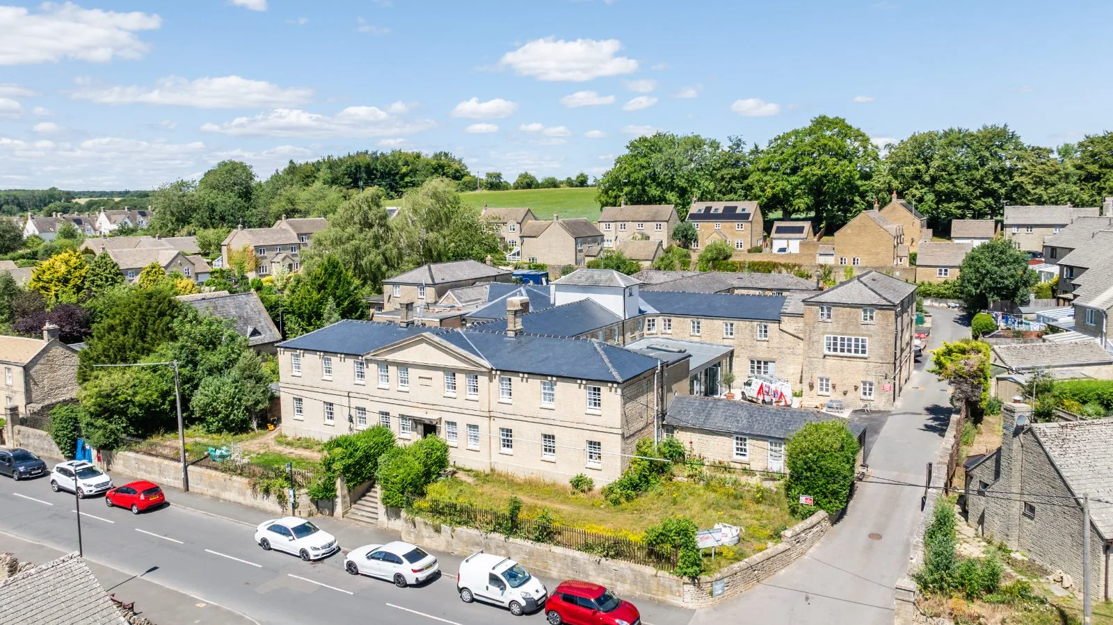 Aerial view of the front of the home and its railings
